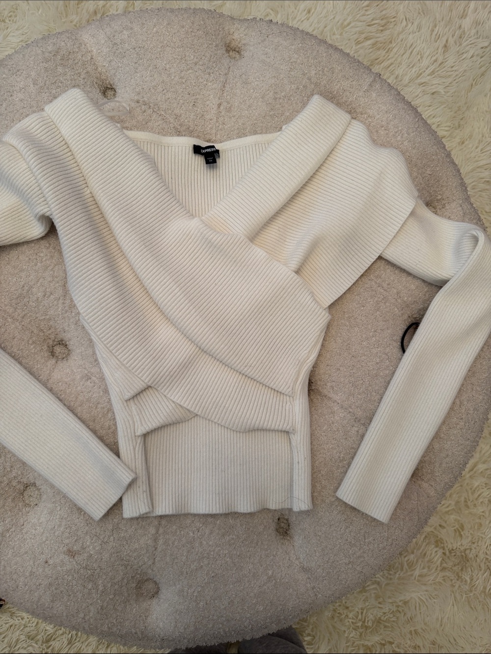 Express Off-Shoulder Cream Ribbed Wrap Sweater